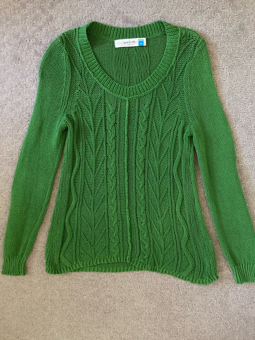 Sparrow green cotton cable-knit sweater, Medium.